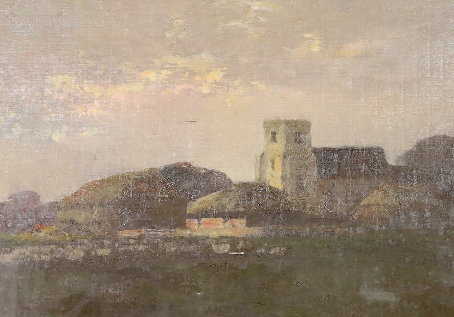 George Charles Haité (1855-1924), oil on board, 'Lyminster Church, Sussex', signed with artist label verso, 22 x 32cm